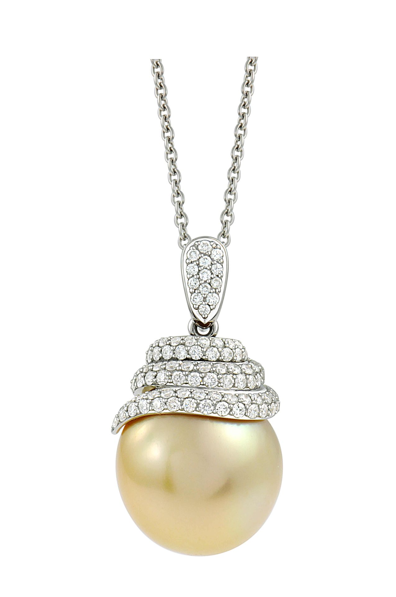 Null 白金吊坠托着一颗直径为15.10毫米的圆形Gold South See珍珠。颜色、规则性和光泽度质量A。1.30c的现代切割圆钻螺旋式镶嵌，约6.50&hellip;
