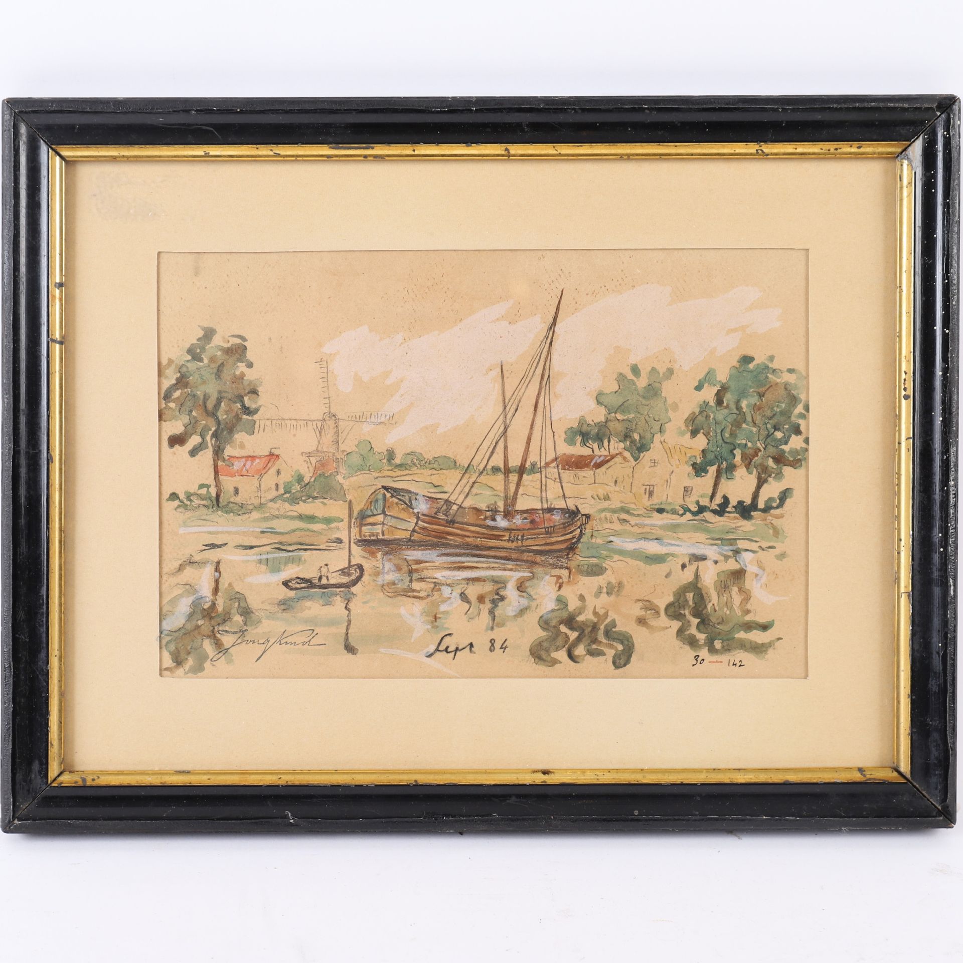 Null 约翰-巴托尔德-容金德（Johan Barthold JONGKIND，1819-1891 年）的绘画作品《荷兰河畔
纸面水彩和铅笔画，有玻璃镜框
左&hellip;