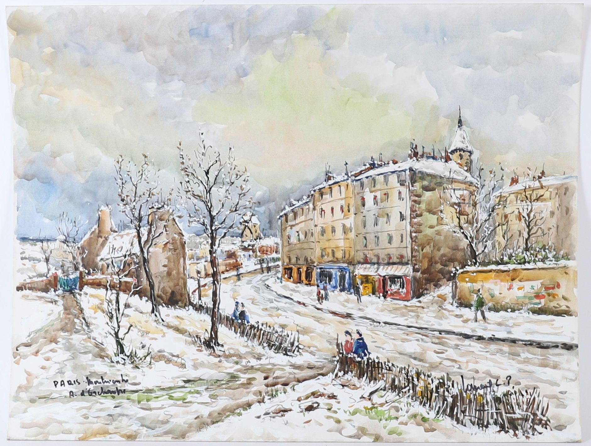 Null L.P.拉沃安（1916-1999 年）创作的 "巴黎，蒙马特，奥尔恰普特街 "餐桌
卡片上的增强水彩画
右下方有签名，左下方有位置 
背面有艺术家展&hellip;
