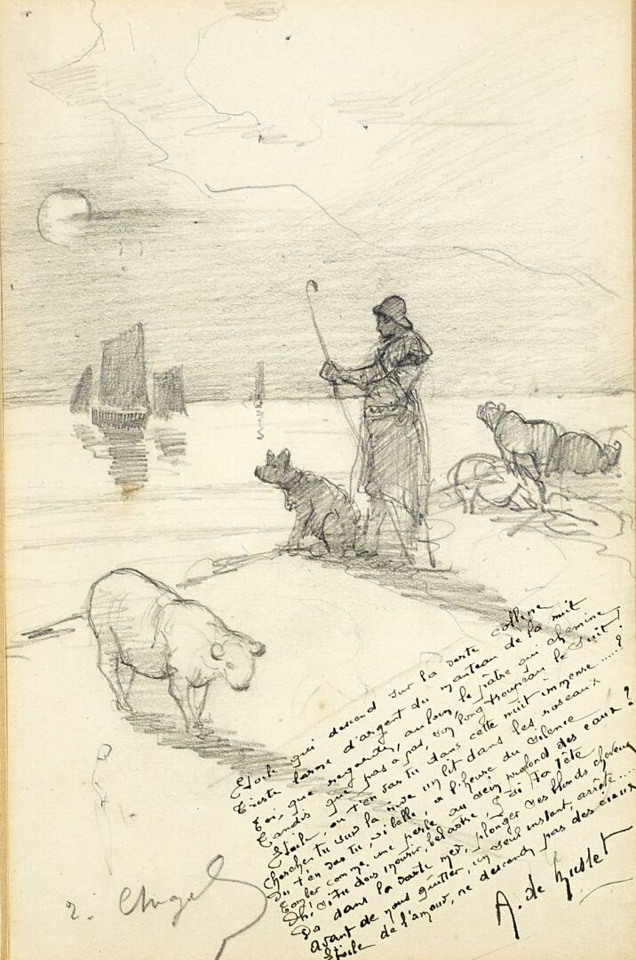 Null 欧仁-亨利-亚历山大-希戈(1860-1923)

"海洋"。

铅笔画。

阿尔弗雷德-德-穆塞的诗的插图。

19,5 x 13 cm。