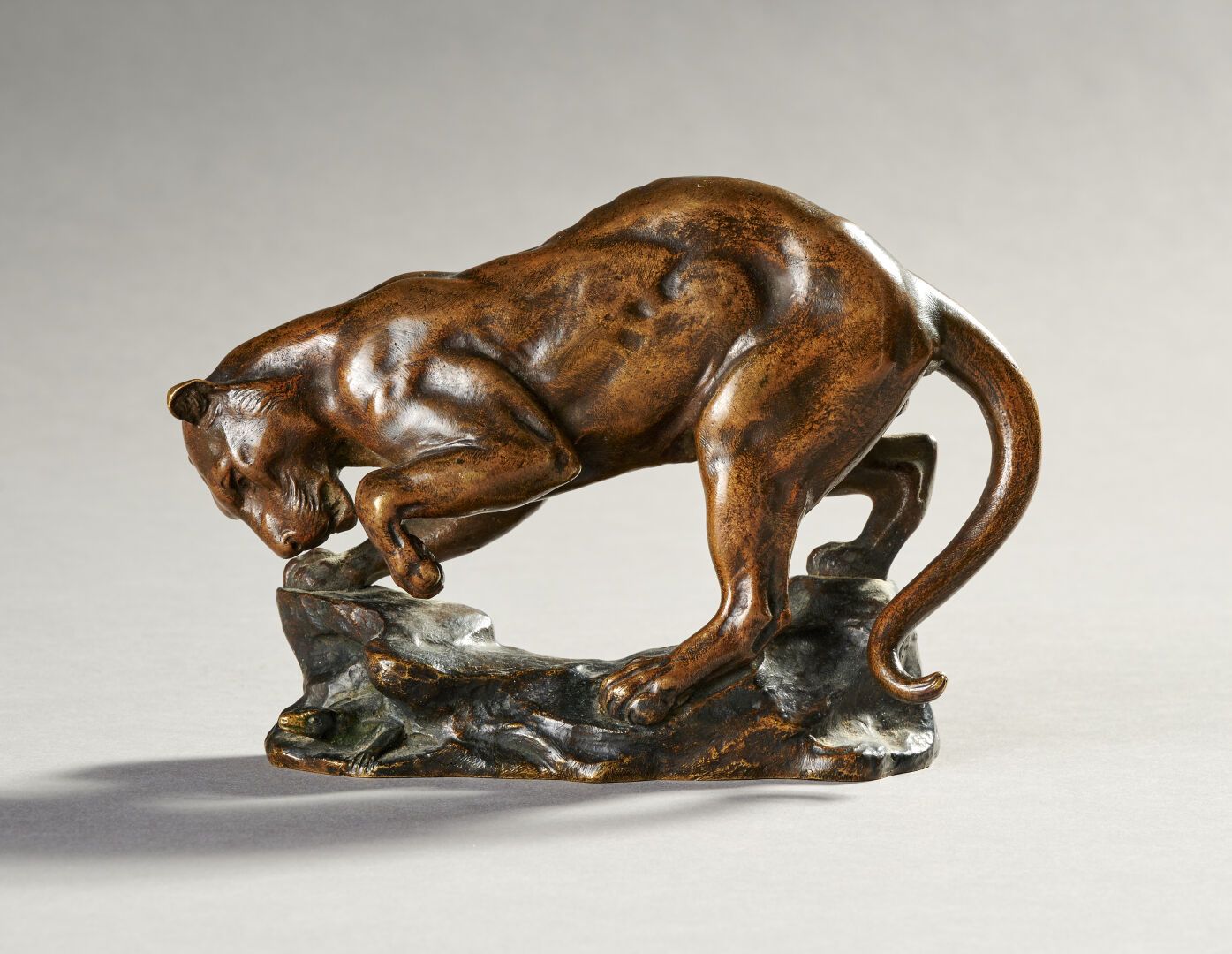Null 安托万-路易斯-巴里(Antoine Louis BARYE) (1796-1875)

"猎豹 "与蜥蜴玩耍

青铜器，有阴影的褐绿色铜锈。

11&hellip;