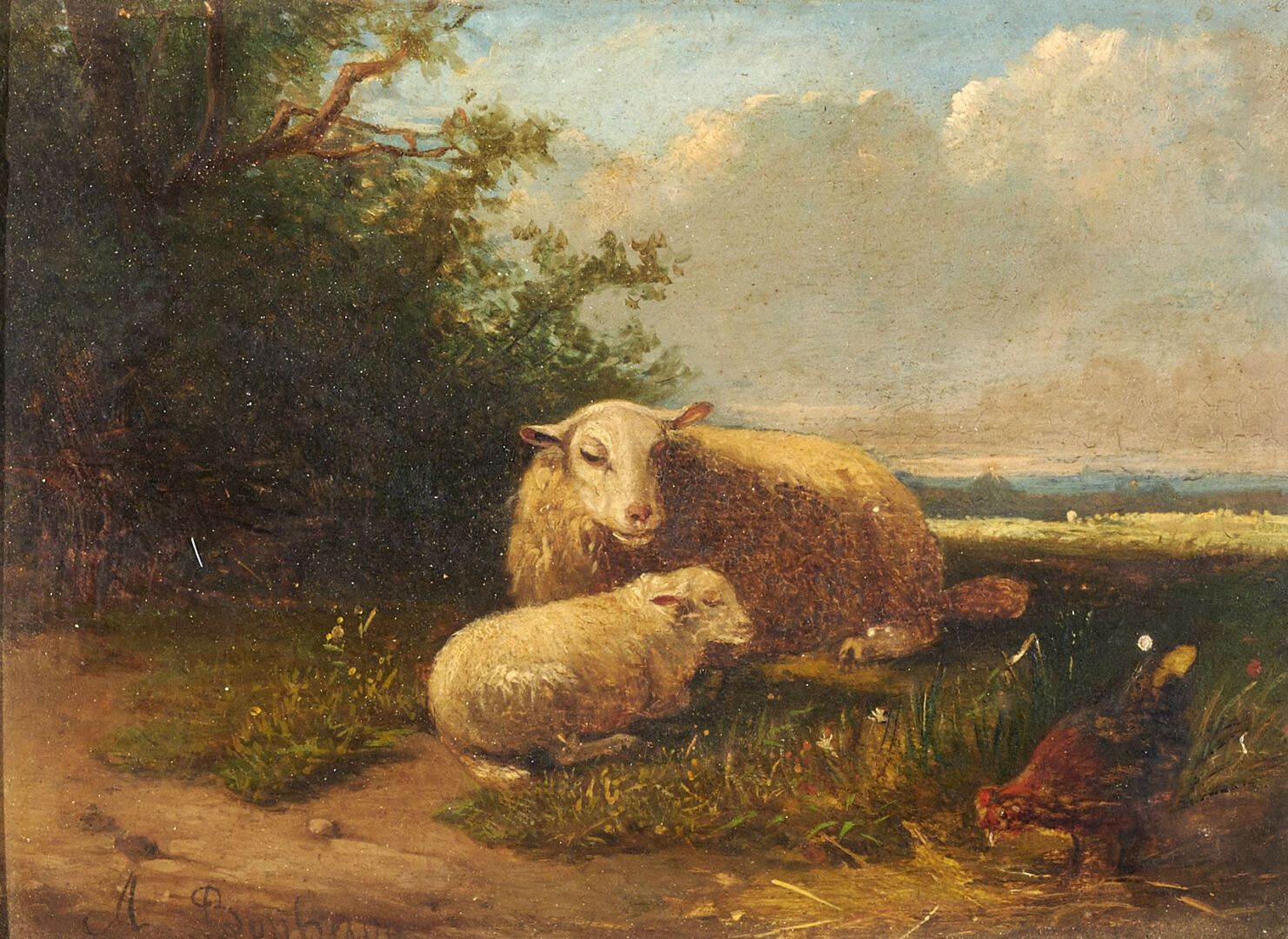 Null 奥古斯特-弗朗索瓦-邦霍尔 (1824-1884)

"乡下的羊和母鸡

红木板上的油画，左下方有签名

15 x 20厘米

镀金粉刷的木质框架（缺&hellip;