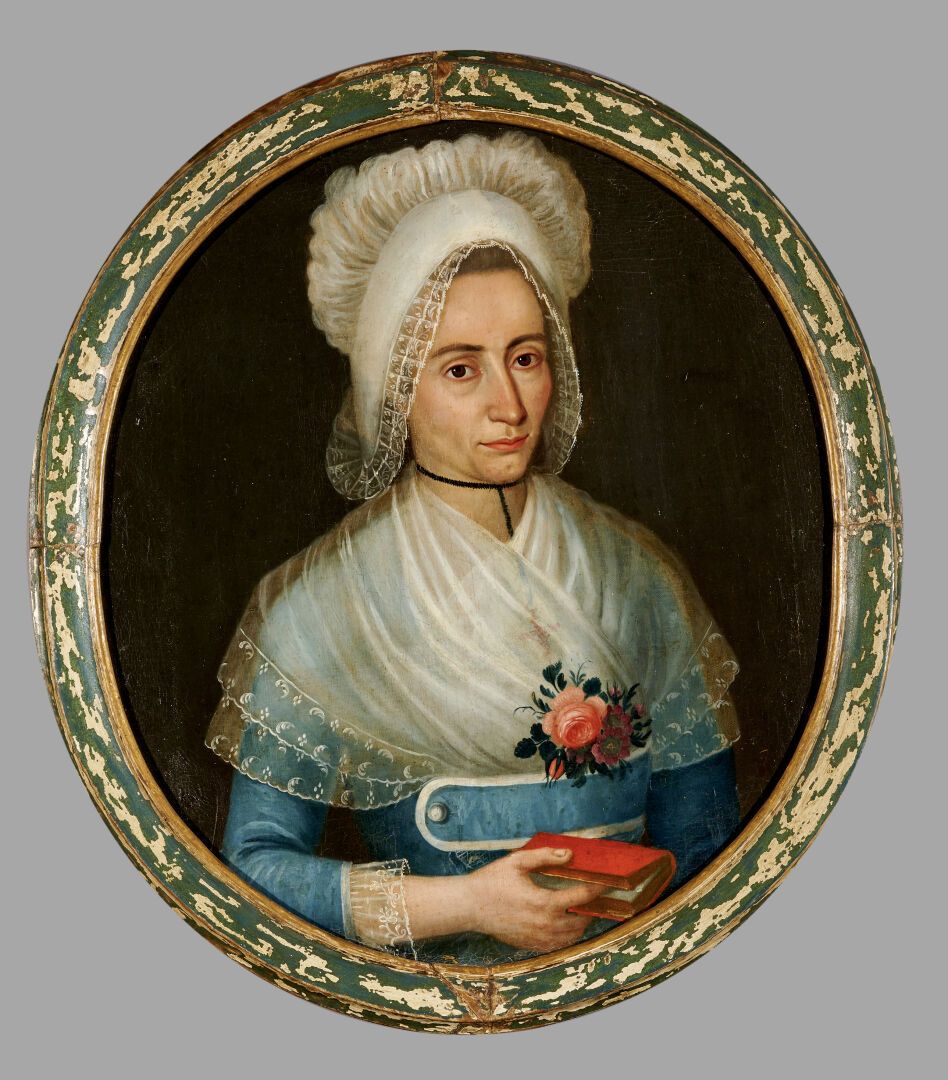 Null 18世纪末或19世纪初的法国学校

"戴帽子的女人的肖像

椭圆视角的布面油画

60 x 52 cm

装框，磨损。