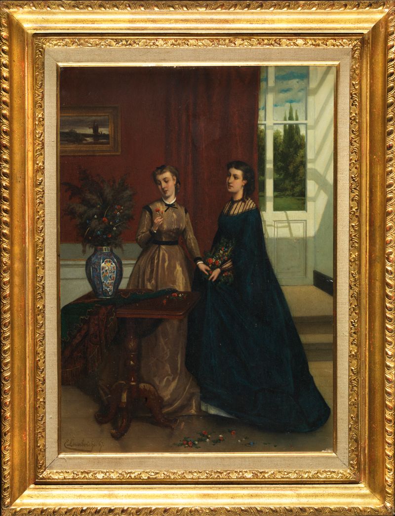 Null Edmond LAMBRICHS (1830 - 1887) 室内的两个女人 面板油画，左下角有签名和日期 67 57 x 40 cm