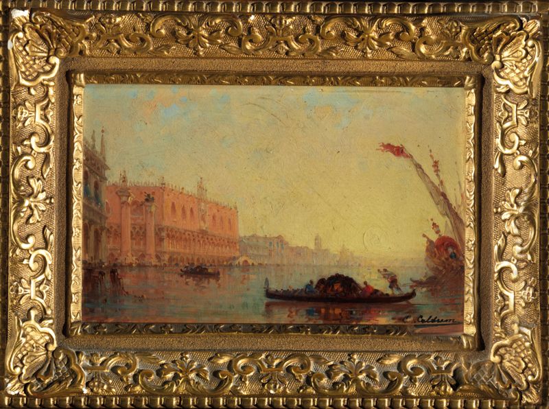 Null 查尔斯-克莱门特-卡尔德隆（巴黎，1870年-1906年）威尼斯总督府的风景，被贡多拉船所吸引 油画，左下角签名 "C.卡尔德隆"，背面是位于威尼斯的&hellip;
