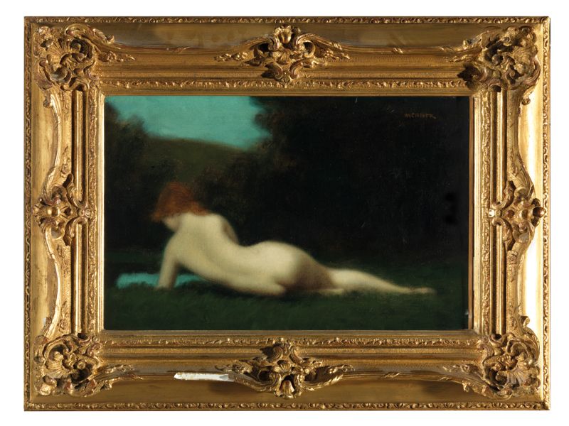Null 19世纪法国画派 女性裸体躺在河边 布面油画 右上角有 "JJ HENNER "的签名 27.3 x 41.3 cm 修复