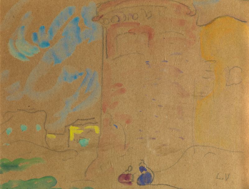 Null 
归属路易-瓦尔特（1869-1952） 在塔楼前 水彩画，右下角有LV字样 23 x 31 cm