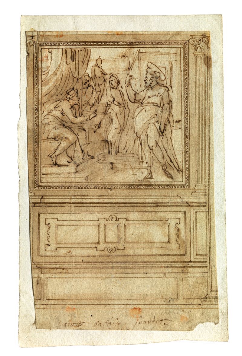 Null 
17世纪的意大利学校

基督在该亚法面前的建筑彩绘作品

水洗和棕色墨水

18,8 x 11,4 cm

弯曲和发霉

底部中央的墨水注解



&hellip;