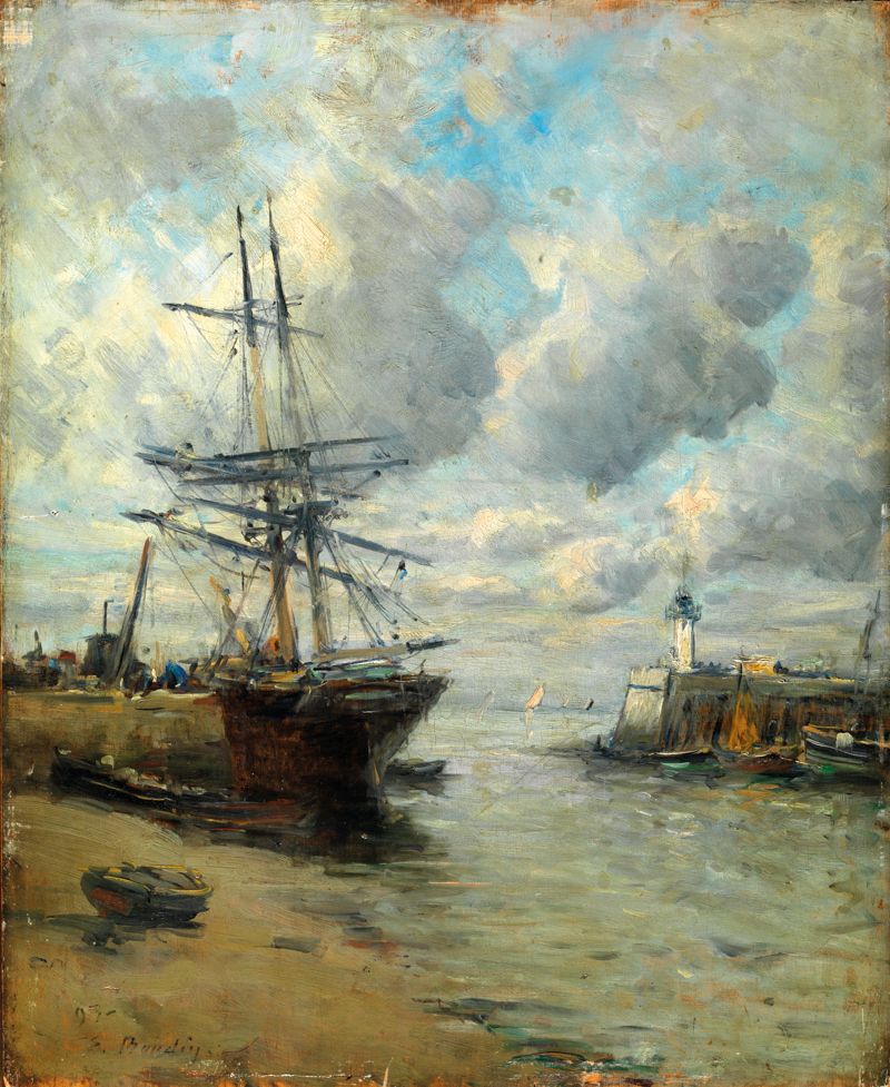 Null 19世纪末的法国学校 港口中的帆船 板面油画 左下方有日期和93 E Boudin的签名 背面有旧标签的痕迹 46 x 37,5 cm