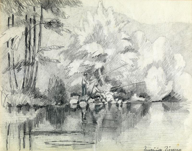 Null Paul Émile PISSARRO (1884 - 1972) 池塘边的渔夫 炭笔画，右下角签名 21 X 27 cm