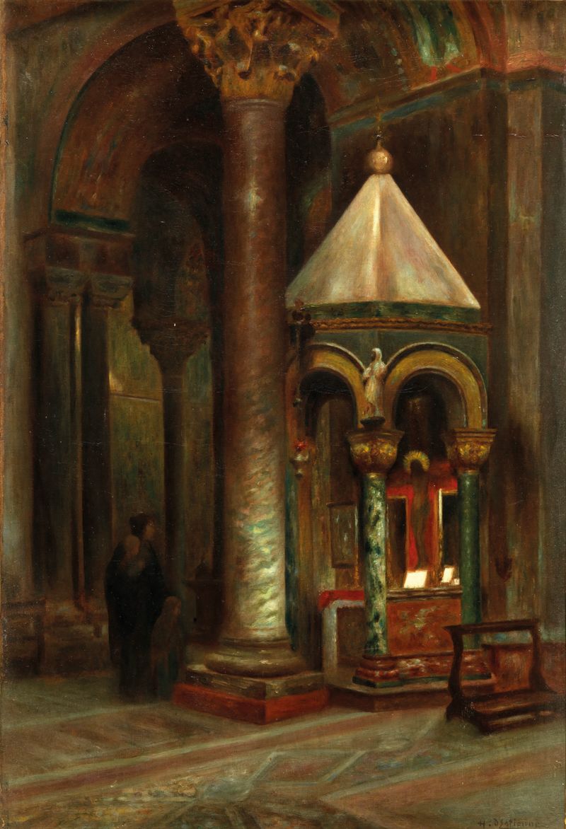 Null Henry D'ESTIENNE (1872 - 1949) Intérieur d'église Huile sur toile signée en&hellip;