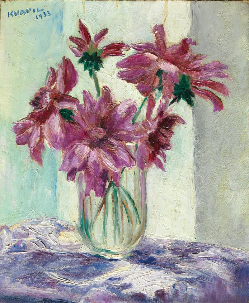 Null Charles KVAPIL (1884 - 1957) Nature morte au vase de dahlias Huile sur toil&hellip;