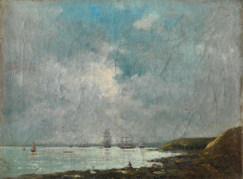 Null 法国学校 19世纪末 海岸附近的大型帆船 布面油画 18 x 24 cm
