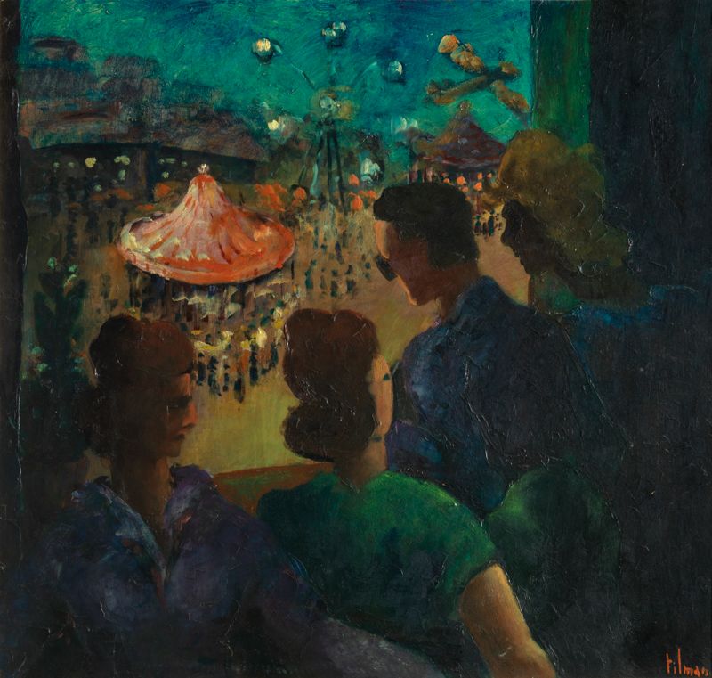 Null Emile Henry TILMANS (1888 - 1960) Evening at a funfair 板上油画，右下角签名 69,5 x 74&hellip;
