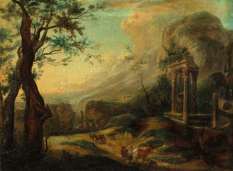 Null 19世纪的法国学校在18世纪的味道 景观与动画的古代遗迹 布面油画 53 x 72厘米 磨损，松动的画布