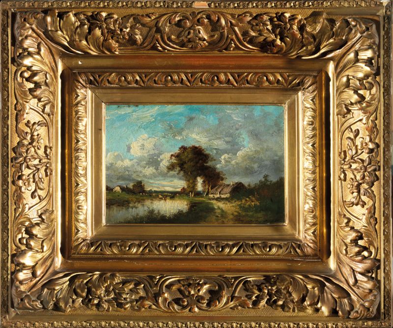 Null 儒勒-杜普雷（南特，1811年-L'Isle-Adam，1889年）池塘边的茅草屋，上面有字 画板油画，右下角有签名 "儒勒-杜普雷" 15.8 x &hellip;