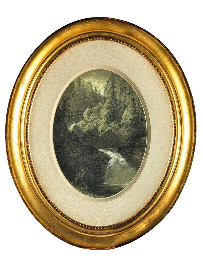 Null Charles PENSÉE (1799 - 1871) 山中的瀑布和激流 炭笔和粉笔画的椭圆形，右下方有签名。29 x 21厘米 镀金木框