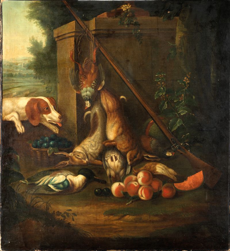 Null 
19世纪法国学校 在Alexandre - François DESPORTES之后 在猎物战利品前的狗 布面油画 130 x 118 cm 修复，&hellip;