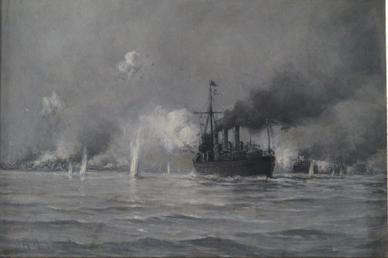 Null Charles MALFROY (1862 - 1918) 轰炸奥斯坦德海岸的英国驱逐舰 板上油画，左下角签名 33 x 48 cm