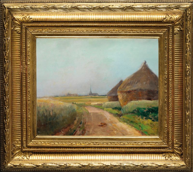 Null Octave GUENARD (1845 - 1934) Haystacks 板上油画 背面有工作室印章 32 x 41 cm