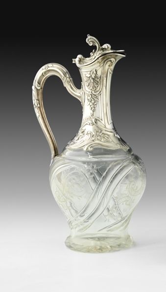 Null Crystal and silver ewer. Baluster-shaped crystal ewer cut with twisted pinc&hellip;