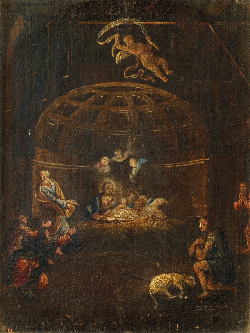 Null Ecole italienne vers 1700 L'adoration des bergers Huile sur toile marouflée&hellip;