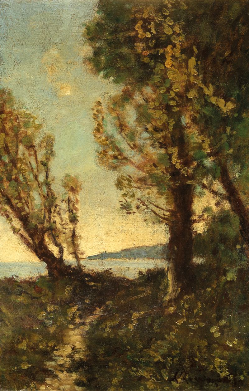 Null Henri HARPIGNIES (Valenciennes, 1819 - Saint Privé, 1916) 地中海沿岸灌木丛中的小路 布面油画&hellip;