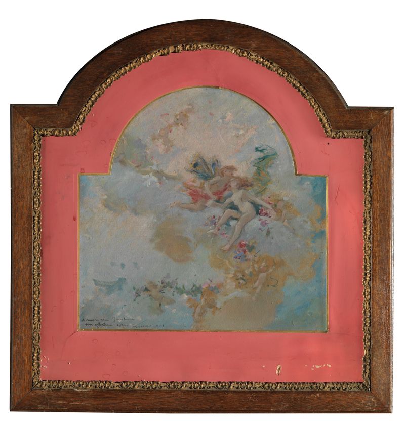 Null Hippolyte LUCAS (1854 - 1925) 天花板研究 板上油画，左下角有签名和派送，日期为1901年 40 x 40 cm