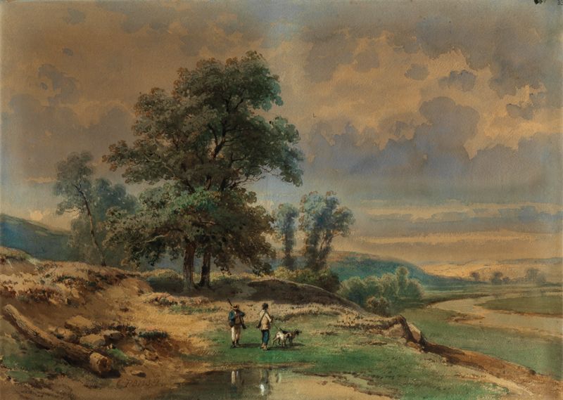 Null 查尔斯-彭塞(1799 - 1871) 《猎人风景》 水彩画，左下角签名 50 x 71 cm 镀金木框