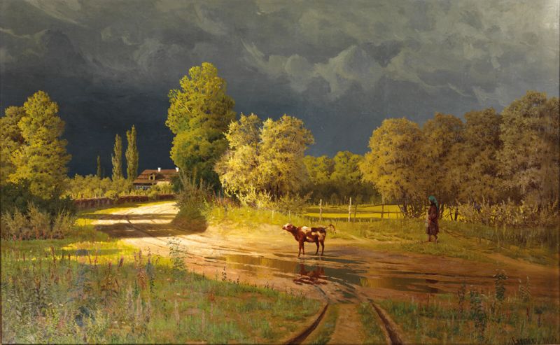 Null Nikolaj SERGEEV (1855 - 1919) 暴风雨前的农场 布面油画，右下角有签名和日期 "81" 101 x 163 cm 褪色和修&hellip;