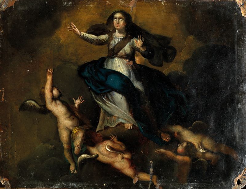 Null 17世纪的西班牙画派 圣母升天，周围有普提人 铜板油彩 14 x 18,2 cm 小的缺失和事故