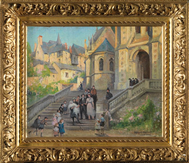 Null Jules Alfred HERVÉ-MATHÉ (1868 - 1953) 圣加莱教堂-勒芒 板上油画，右下角签名 38 x 65 cm