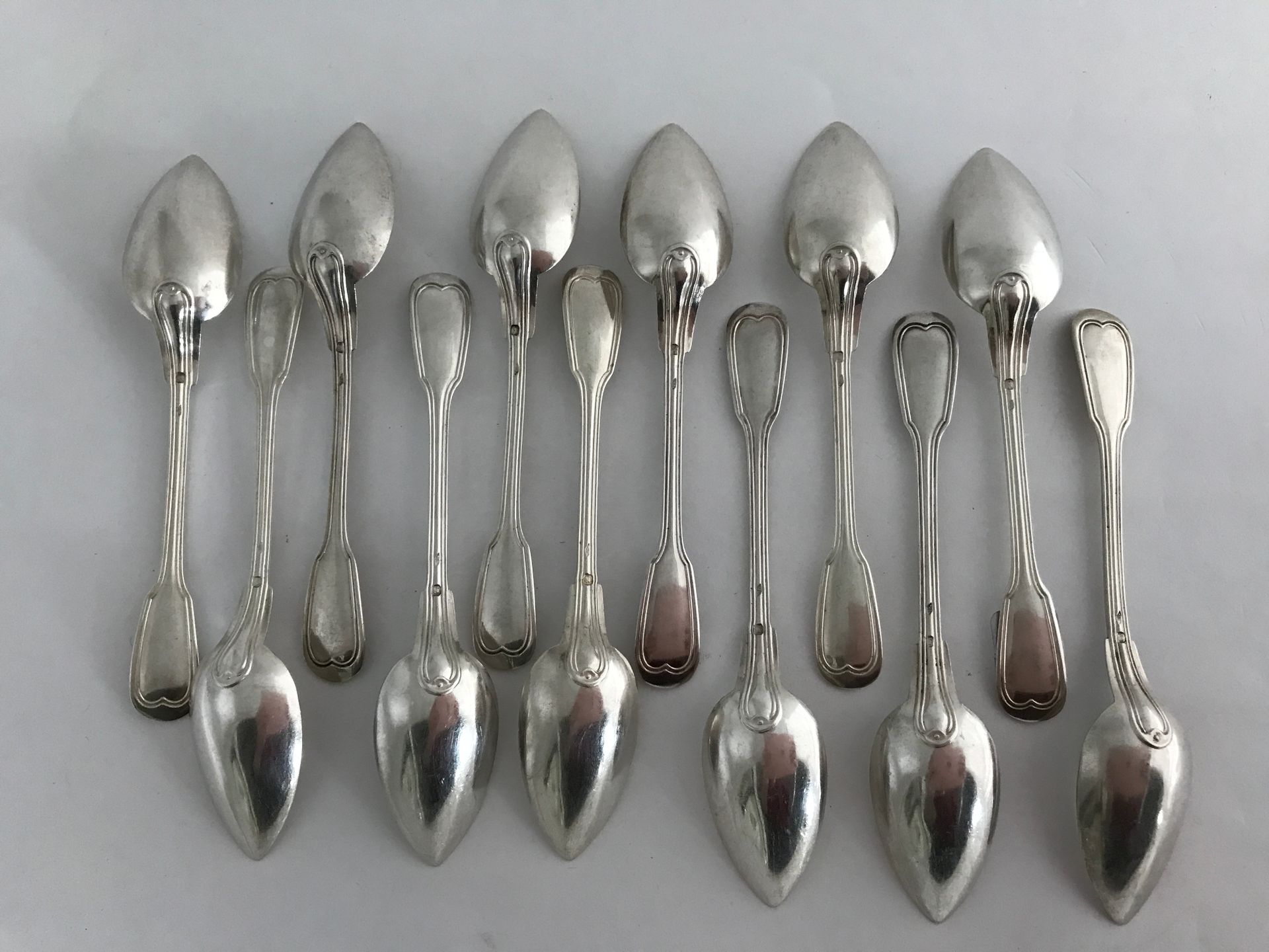 Null Set of twelve silver tea spoons. Model with nets. Minerve hallmark. Goldsmi&hellip;