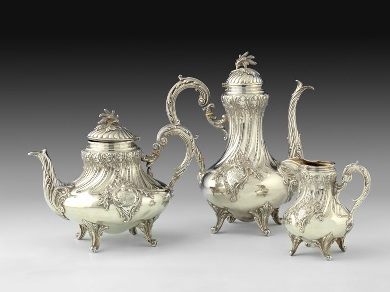 Null Three pieces silver service, rocaille style. Set of a teapot, a coffee pot &hellip;