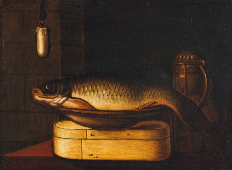Null 
17世纪末的法国画派 在塞巴斯蒂安-斯托斯科普夫（斯特拉斯堡，1597年-伊德斯坦，1657年）之后，静物是盘子上的鲤鱼，长方形的芯片盒，铜壶和夹板&hellip;