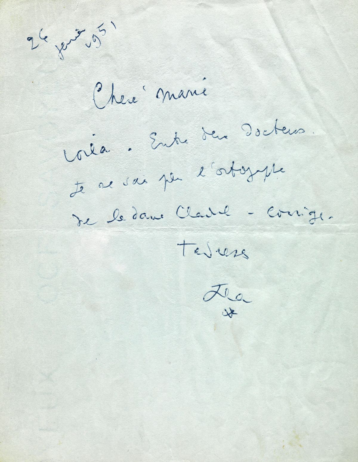Null COCTEAU (Jean) L.A.S. To Marie Bell of 1 page (21x27) of 6 lines, dated 26 &hellip;