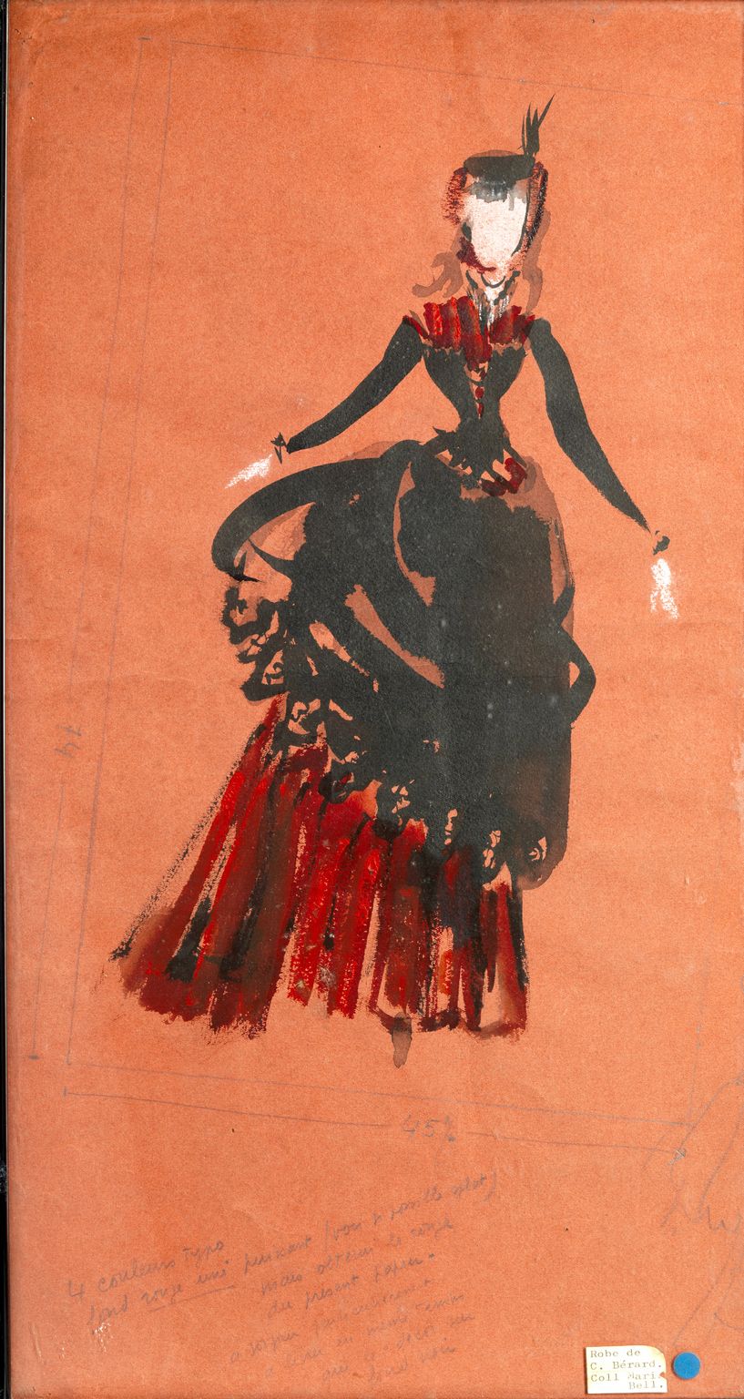 Null Christian BERARD (1902 - 1949) 归功于Etudes de costumes 红纸上的两幅水粉画和铅笔手写的注释。49 x&hellip;