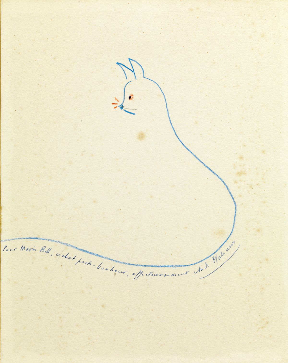 Null 
André MALRAUX (1901 - 1976) El gato Dibujo a lápiz de color dedicado: "Par&hellip;