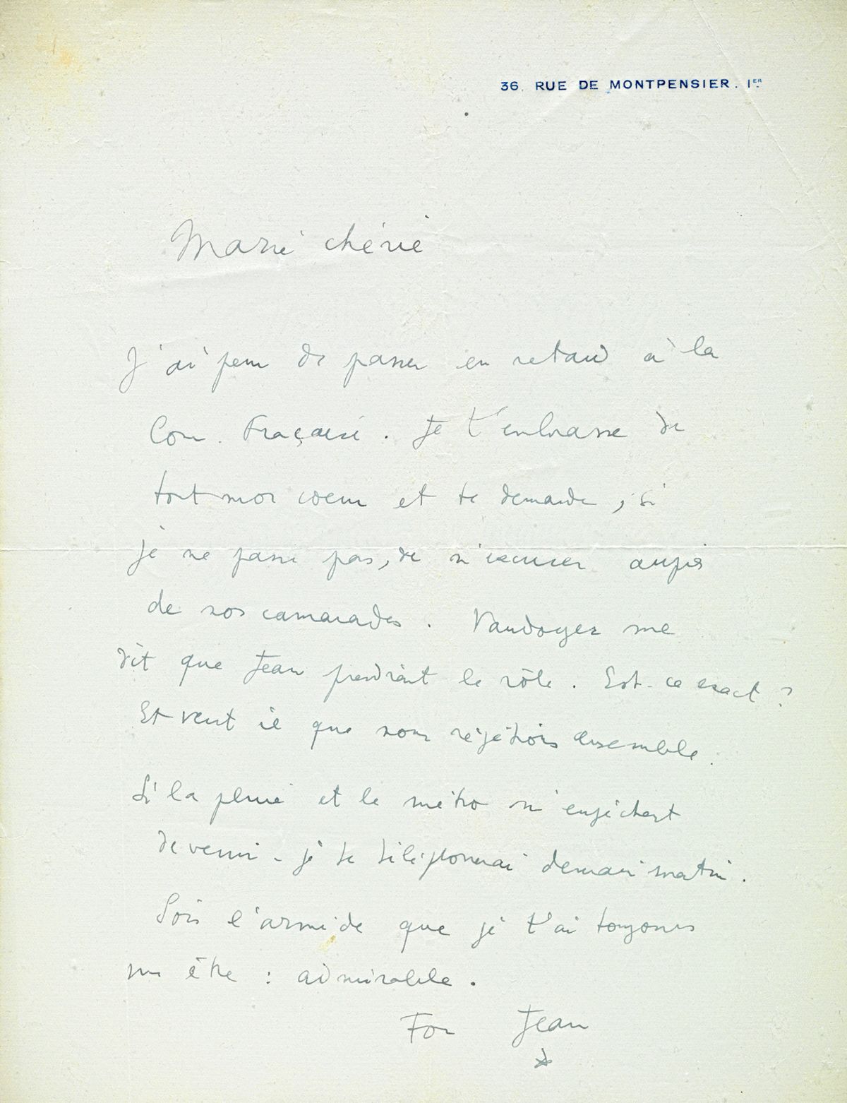 Null COCTEAU (Jean) L.A.S. To Marie Bell on printed letterhead 36 rue de Montpen&hellip;