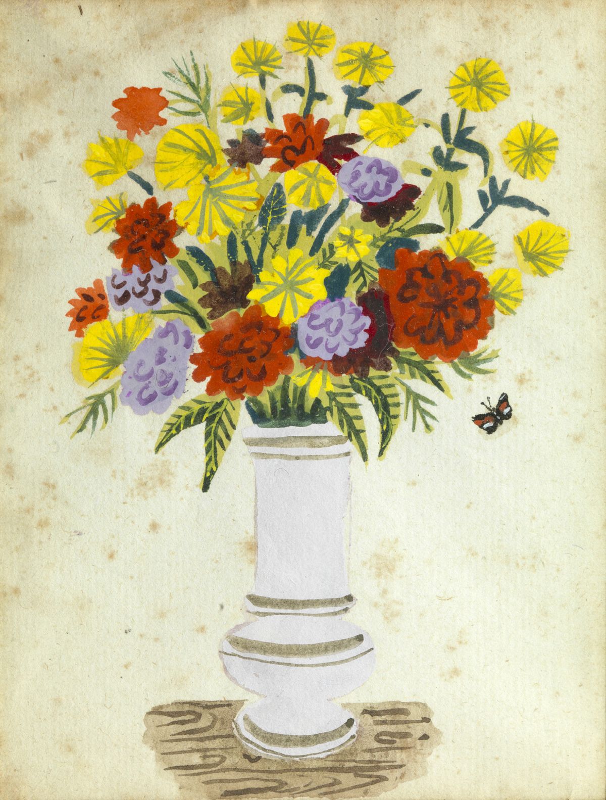 Null Jean HUGO (1894 - 1984) 花瓶和蝴蝶 水粉画 贺卡上的签名是29.12.49 玻璃下装裱 褪色 12 x 9 cm