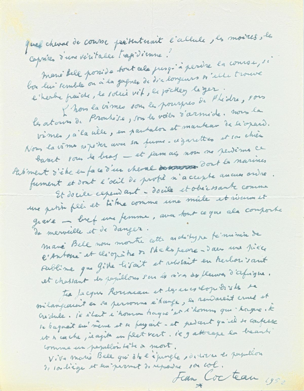 Null COCTEAU (Jean) Magnificent praise addressed to Marie Bell on 1 page (21x27)&hellip;