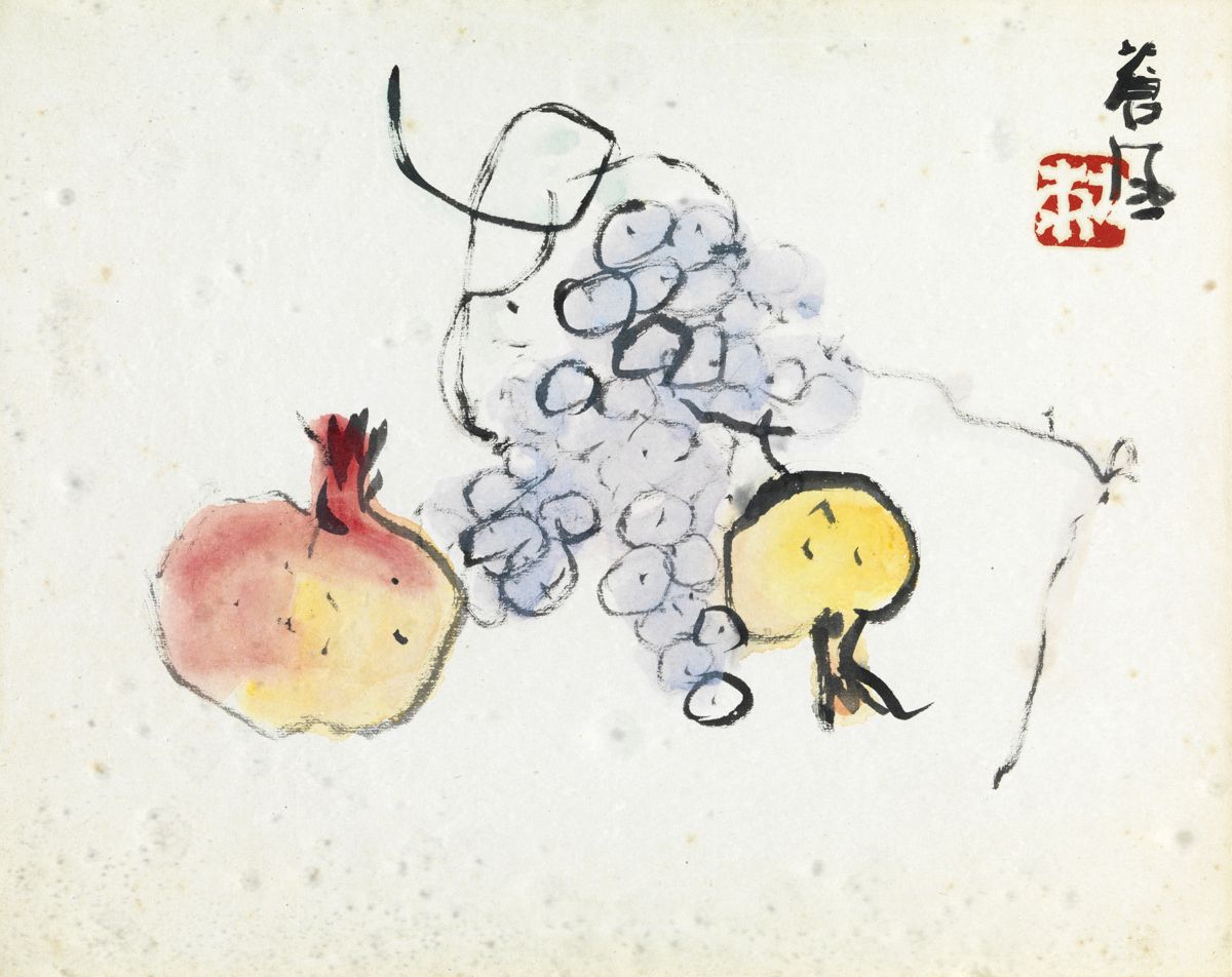 Null 
手宫原寿夫(1900 - 1979) André MALRAUX 静物 玻璃下的水墨画，右上角有签名和印章，背面有会签："以André Malrau&hellip;