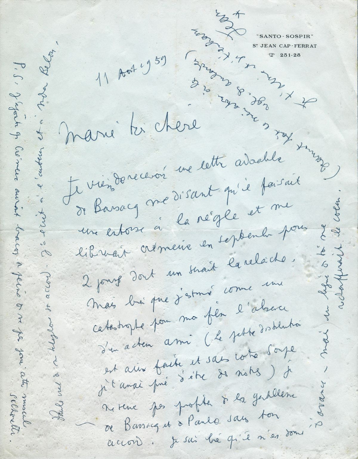 Null COCTEAU (Jean) L.A.S. To Marie Bell on printed letterhead of "Santo-Sospir &hellip;