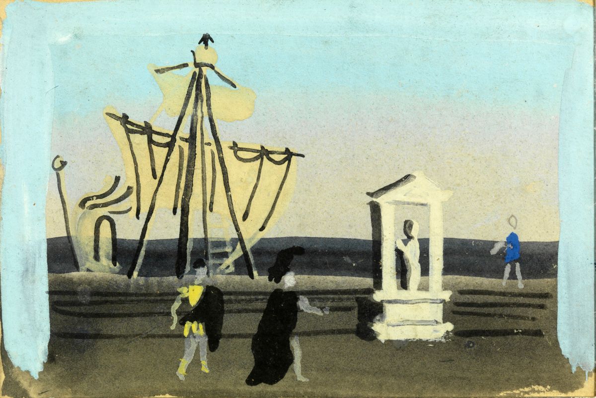 Null Jean HUGO (1894 - 1984) "Antoine et Cléopâtre "剧组的草图 水粉画，背面有签名。 7 x 10.5 cm&hellip;