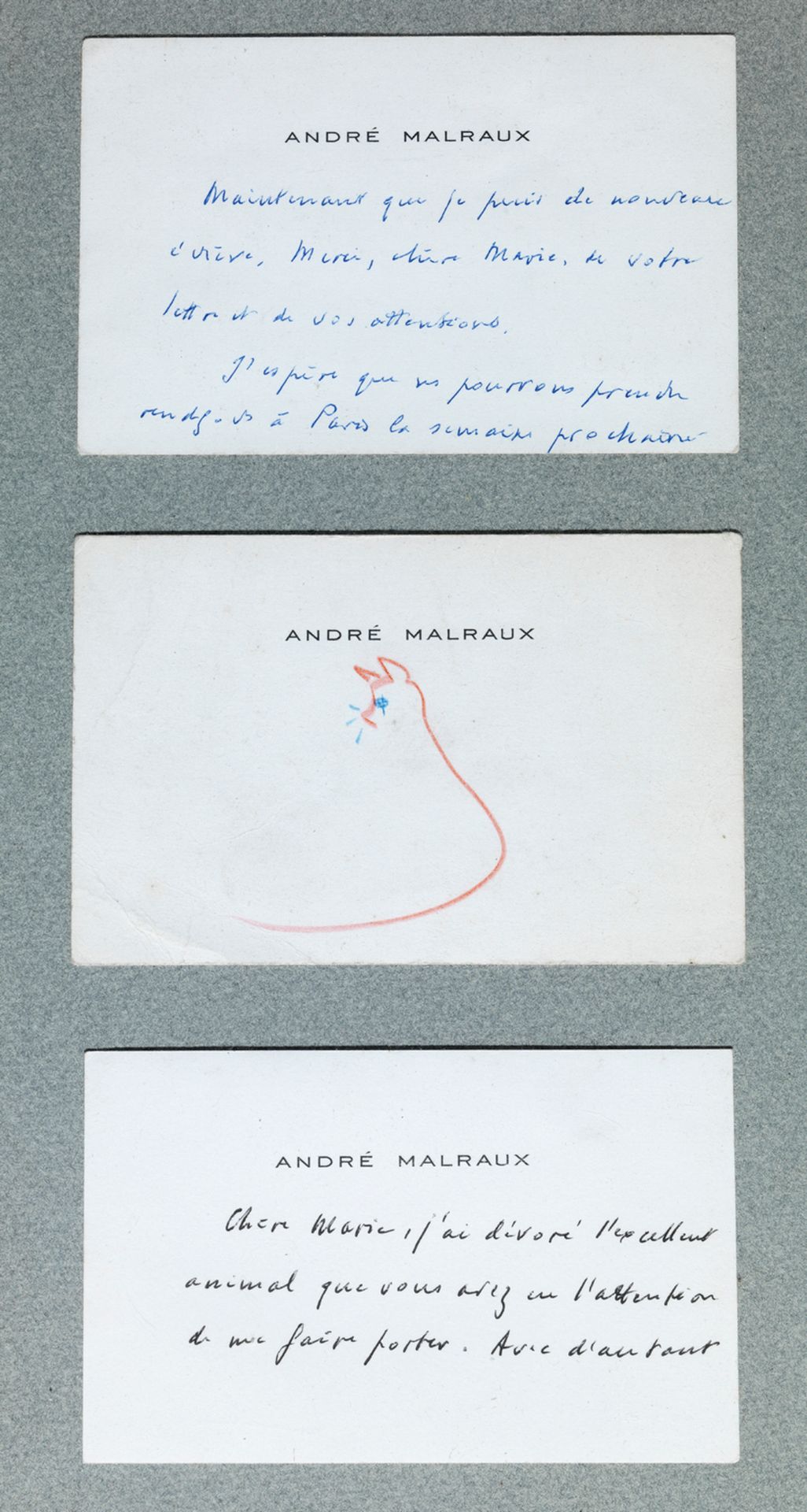 Null MALRAUX (André) 3张无日期的亲笔签名的 "André Malraux "印刷访问卡，寄给Marie Bell。在玻璃下装裱。- 现在我&hellip;