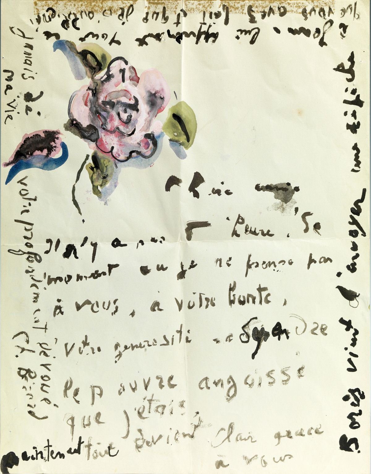 Null 克里斯蒂安-贝拉尔（1902-1949）署名水粉画的亲笔信。 27 x 21 cm "亲爱的朋友，我没有一个小时，没有一个时刻不想到你，想到你的善良，&hellip;