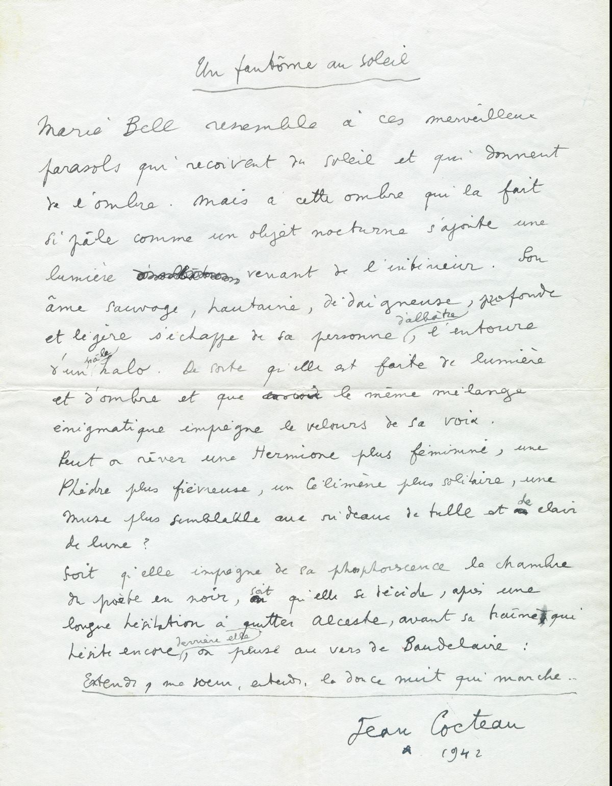 Null COCTEAU (Jean) 在1页(21x27)的20行上写下了给玛丽-贝尔的极好的悼词。在玻璃下装裱。"阳光下的幽灵玛丽-贝尔就像那些奇妙的阳伞，&hellip;
