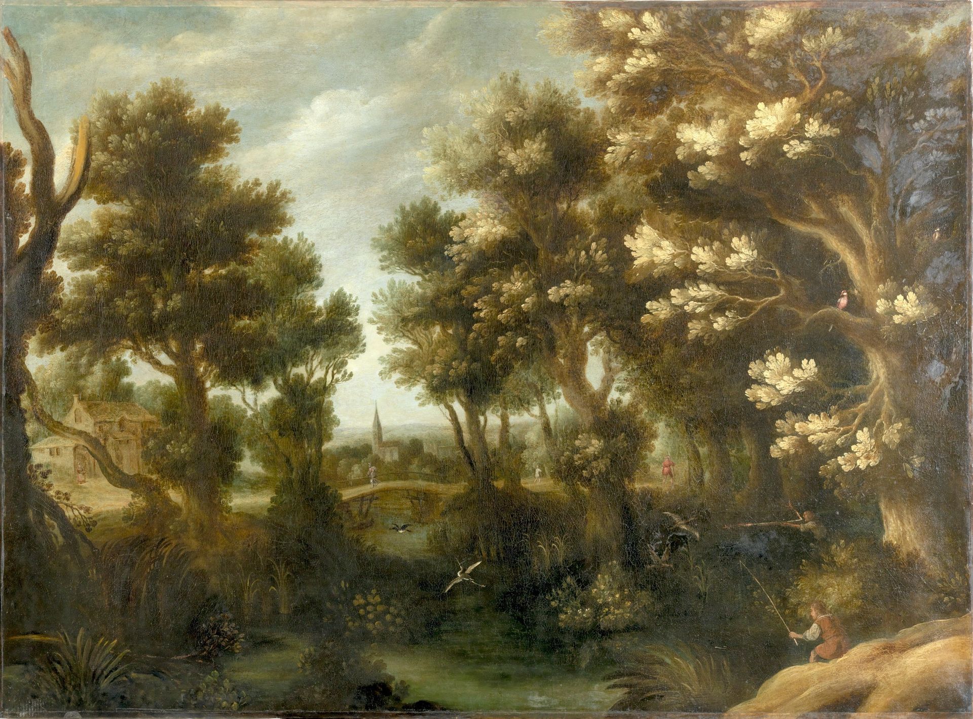 Null 归功于Abraham GOVAERTS

树林中的风景，背景是鸟儿和村庄的景色

和一个渔民在前台

布面油画

93 x 126,5 cm (无画框&hellip;