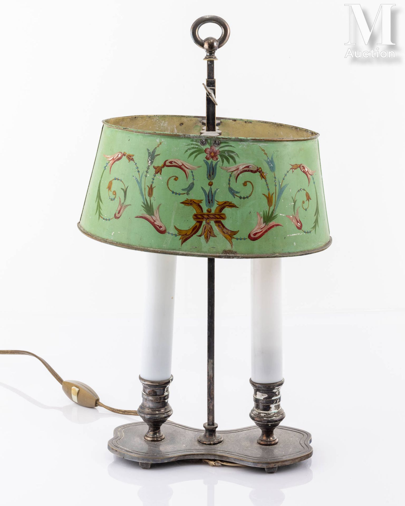 Lampe bouillotte en tôle peinte Wärmelampe aus versilbertem Metall mit zwei Lich&hellip;