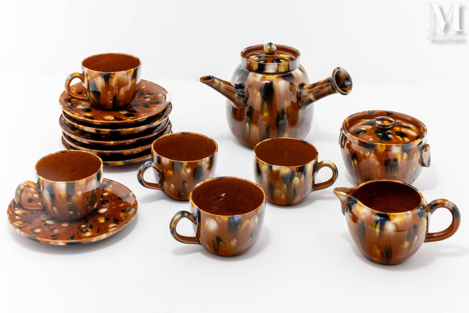 Clément MASSIER (1844-1917) Servizio da tè in ceramica smaltata ocra, marrone e &hellip;